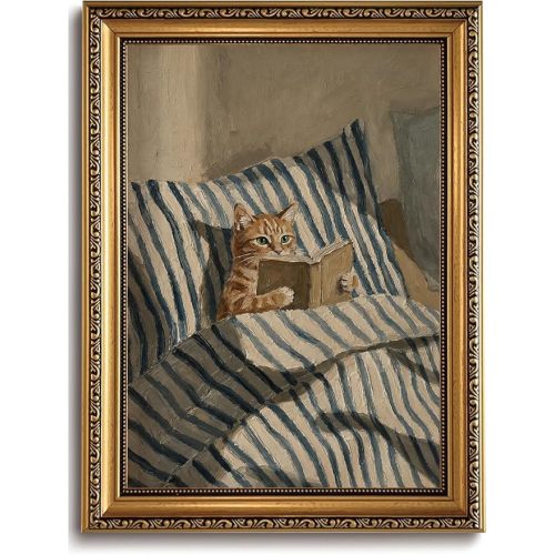 Vintage Gold Framed Reading Cat Wall Art Whimsical Orange Tabby Canvas Print for Book Lovers Cozy Ginger Cat Decor for Kids Bedroom Nursery Library 8x10 Inch