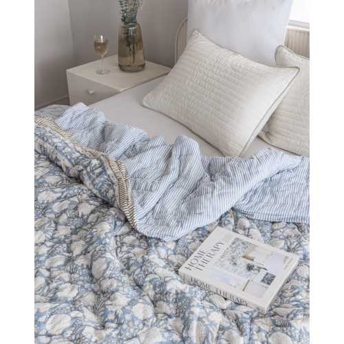 Dusty Blue Cotton Quilt, Indian Hand Block Printed Quilt Bedspread, Floral Printed Queen Comforter, Soft Summer Blanket, All Season Quilt