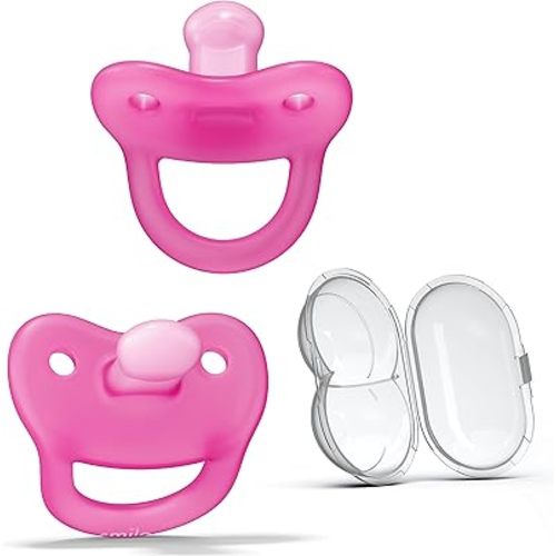 Smilo Newborn Baby Pacifier with Sterilization Box - 2 Pack of Orthodontic Pacifiers for Babies from 0-2 Months - Expands to Support The Palate During Soothing - BPA-Free - Pink