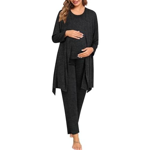 SWOMOG 3pcs Maternity Nursing Robe Set Labor Delivery Double Layer Pajamas Set Postpartum Breastfeeding PJS, S-XXL