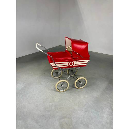 Vintage 1950s doll pram - quality mid century design - red white stroller - collector