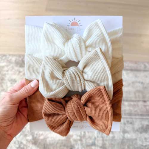 Neutral Waffle Baby Headbands – Oversized or Top Knot Bows for Newborn & Baby Girls (White, Beige, Brown)