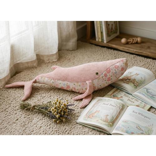 Floral Whale Plush Cottagecore Stuffed Animal Pink Corduroy Ocean Pillow Handmade Heirloom Toy Nursery Decor Soft Whale Gift