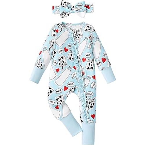 PATPAT Baby Girl Boy Footie Clothes, Bamboo Viscose, 2-Way Ruffled Zipper, Fold-Over Mittens & Cuffs with Headband