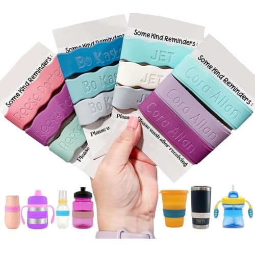 3 Piece Personalized Baby Bottle Labels for Daycare School Summer Camp Customized Children's Water Bottle Name Bands Custom Engraved Reusable Silicone Cup Bands Labels