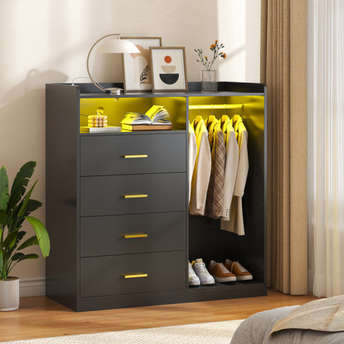 Wrought Studio™ Black Dresser for Bedroom with Hanging Rack Dresser for Closet,4 Drawer Dresser with LED Lights & Charging Station, All Wooden Dresser 47.2 W x 46 H x 15.8 D | Wayfair