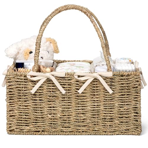 Diaper Caddy Organizer, Large Wicker Nursery Basket, Natural Seagrass | Handwoven Storage Basket for Baby Essentials, Baby Caddy Basket with Removable Divider, Portable Organizer for Diapers Wipes