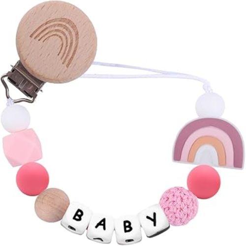 Rainbow Pacifier Chain, Rainbow Pacifier Clip Gift for Baptism or Birth, Newborn with Silicone Letter (Pink)