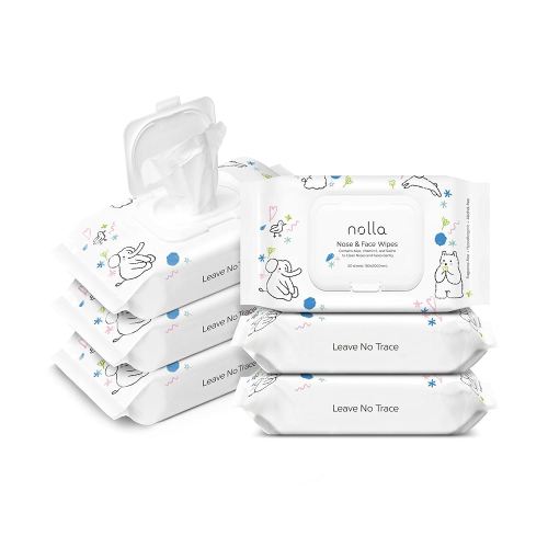Nolla Nose and Face Wipes for Babies & Kids with Saline, Vitamin E, & Aloe | Unscented | Compostable, 180 Count (6 Packs of 30)