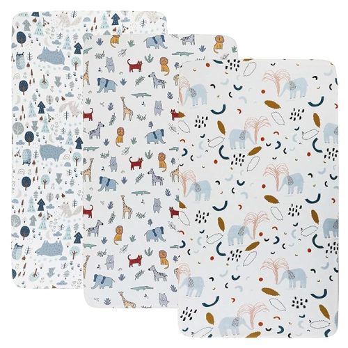 Onacosht Stretchy Bassinet Sheets 33" x 19" Compatible with Mika Micky, KoolaBaby (3 in 1), BabyBond, HARPPA and RICUTON Bedside Bassinet, 3 Pack for Baby Boy and Girl, Unisex Cute Animal Printing