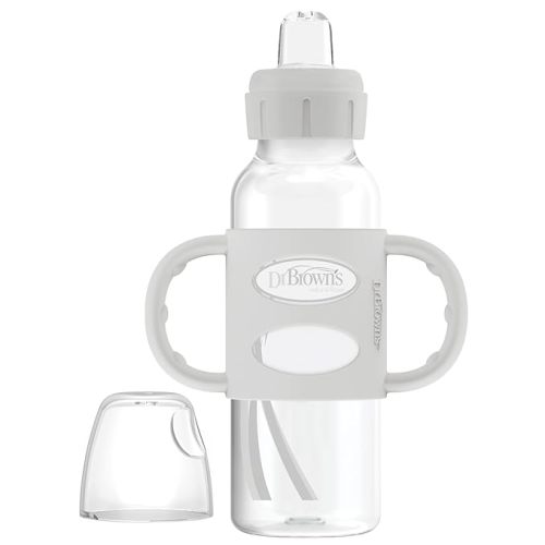 Dr. Brown's Milestones Narrow Sippy Spout Bottle with 100% Silicone Handles, Easy-Grip Handles with Soft Sippy Spout, 8oz/250mL, Black & Ecru, 2 Count (Pack of 1), 6m+