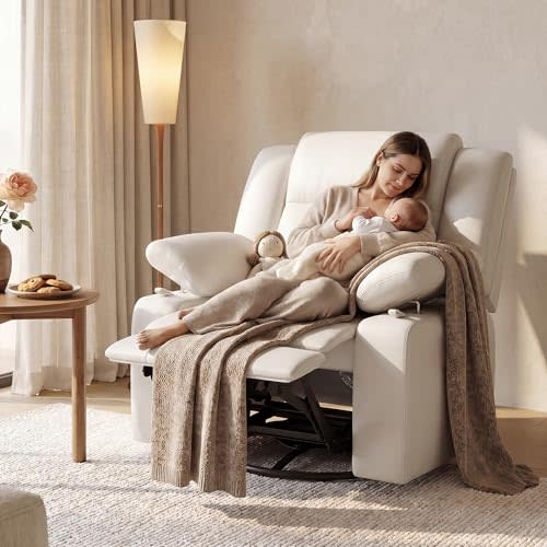 Nursery Rocking Chair w/ Adjustable Armrests for Breastfeeding, White | AILEEKISS Manual Reclining Rocker with 270°Swivel Glider, 30°Quiet Rocking, Leather Nursing Recliner for Bedroom/Living room