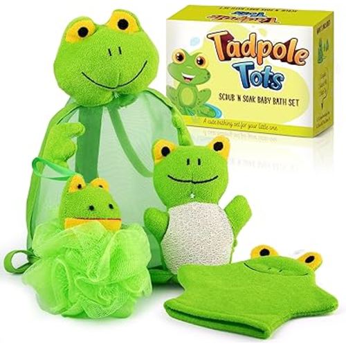 Baby Bath Set – Soft & Durable Frog-Themed Loofah Scrubber Kit – Cute Cartoon Bathing Accessories for Kids – Gentle Exfoliating Wash Mitt & Body Scrubber – Easy to Use