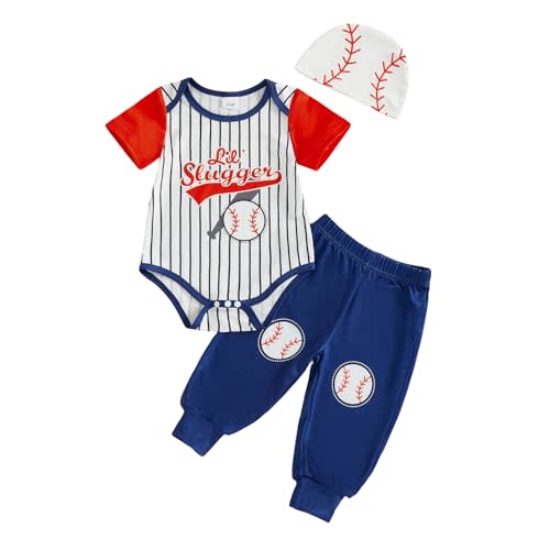 Honganda Infant Baby Boy Baseball Outfits Letter Print Striped Romper Bodysuit with Pants Hat 3Pcs Summer Clothes Set
