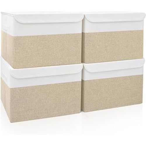 Large 22 Quart Linen Fabric Foldable Storage Bin Cube Organizer Basket with Flip-Top Lid & Handles, Clothes Blanket Box for Home, Office, Closet, Beige & White, 4 Pack 14.6 x 9.5 x 9.5”