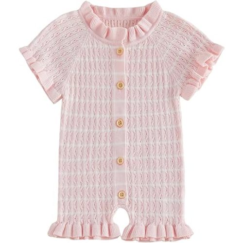 Baby Girl Knit Ruffle Romper Cute Outfit Short Sleeve Toddler Frilly Jumpsuit 0 3 6 9 12 18 Month Summer Clothes