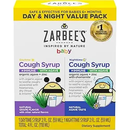 Zarbee's Baby Daytime & Nighttime Cough Syrup + Immune with Organic Agave + Zinc, Grape with Chamomile, Agave Taste, Two Pack, 2 x 2 fl. oz