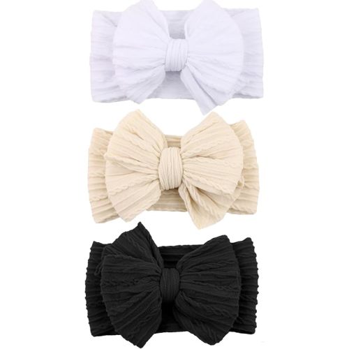 DRESHOW BQUBO Handmade Baby Headbands Soft & Stretchy Hair Bands with Bows Nylon Bows Hairbands for Girls Newborn Infant Toddlers Hair Accessories 3 pack
