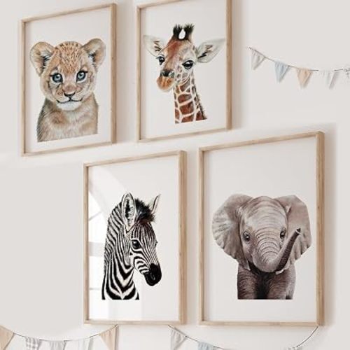 KIU DESIGNS Safari Nursery Wall Art Set of 4, Jungle Animal Prints for Baby Nursery, Lion Elephant Giraffe Zebra, Unframed 8x10
