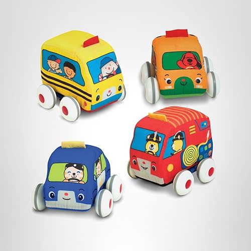 Melissa & Doug K's Kids Pull-Back Town Vehicle Set - Baby Toys Set with 4 Soft Toy Cars and Trucks, Surface Washable with Removable Wheels, Learning Toys for Babies and Toddlers