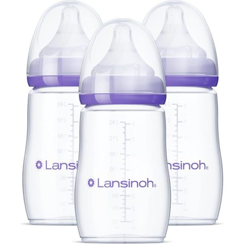 Lansinoh Anti-Colic Baby Bottles for Breastfeeding Babies, 8 Ounces, 3 Count, Includes 3 Medium Flow Nipples, Size M