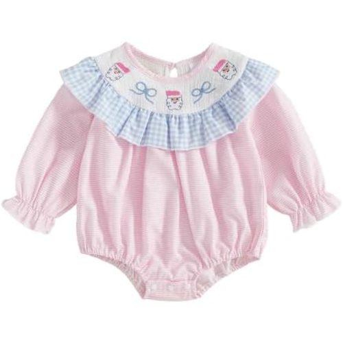 Newborn Infant Baby Girl Christmas Outfit Long Sleeve Smocked Bubble Romper Bow Ruffle Bodysuit Winter Clothes