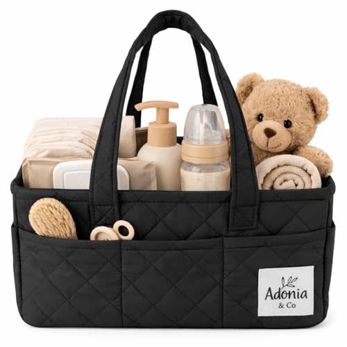Diaper Caddy Organizer – Nursery Storage Basket for Newborn Essentials Must Haves & Baby Must Haves – Portable, Machine Washable Baby Diaper Bag Organizer (Black)
