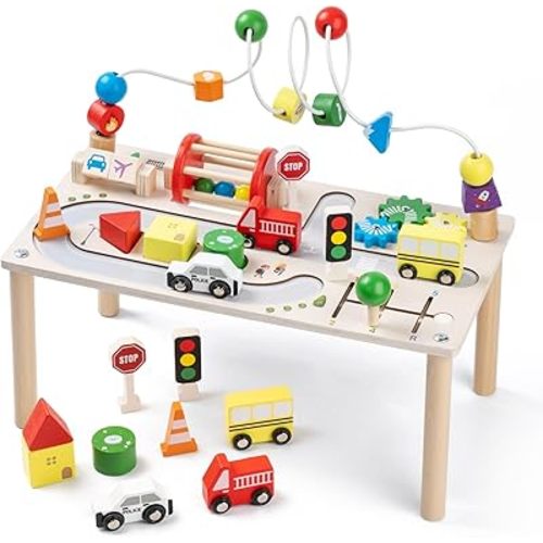 Activity Table for 1+ Year Old, Montessori Wooden Toys for Toddlers 1-3, 8 in 1 Baby Activity Table, Educational Sensory Bead Maze Toys for Babies, Learning Shape Sorter, Birthday Gifts Girls Boys