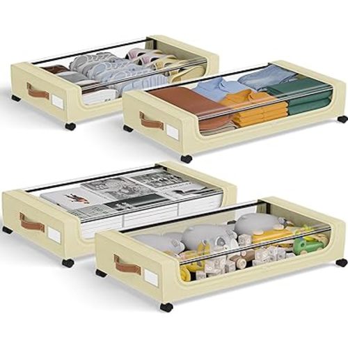 GoMaihe Under Bed Storage with Wheels:48L Underbed Storage Containers with Lids - Rolling Bins for Shoes Clothes in Dorm Bedroom - Metal Drawers Easy Pull-out Beige 4-Pack