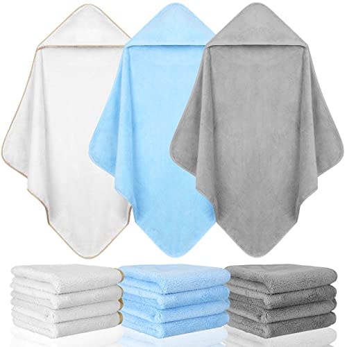 Moukeren 15 Pcs Muslin Hooded Baby Bath Towel and Washcloths Set Includes 3 Pack Newborn Hooded Towels and 12 Pack Washcloths Absorbent Coral Fleece for Baby Toddler Boy Girl Infant Essentials Gift