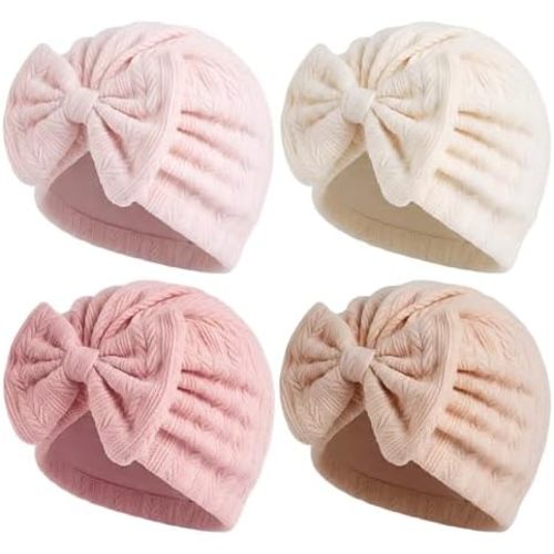 4 Pcs Newborn Baby Girl Hats with Bow Infant Beanies Head Cap New Born Hospital Bows Hat for Babygirl 0-6 Months
