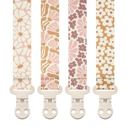 Stadela Baby Pacifier Clip Holder - Girl 4 Pack Gift Set – Boho Modern Pink and Beige Flowers Floral (Nolana)