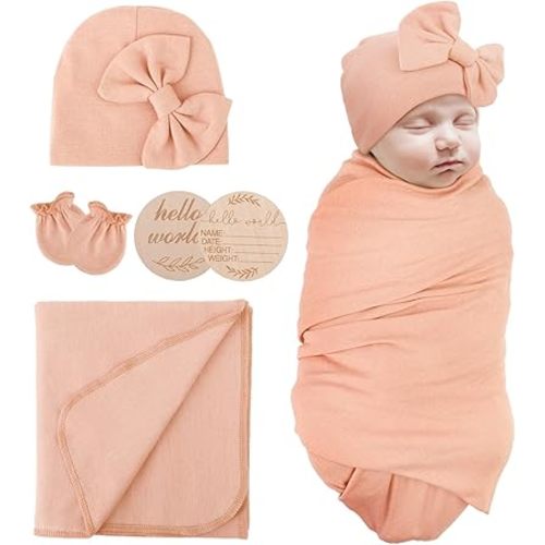 AQOKKA Newborn Receiving Blanket with Bow Hat Mittens Wooden Card Set Newborns Toddler Baby Boy Girl Nursery Swaddle Wrap