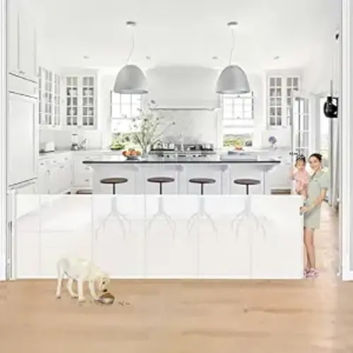 Reinforced 42” Tall x 130” Extra Wide Retractable Baby Gate for Large Openings Extra Tall Dog Gate with Rods to Prevent Crawling Through, Extra Long Mesh Pet Gate for Doorways, White