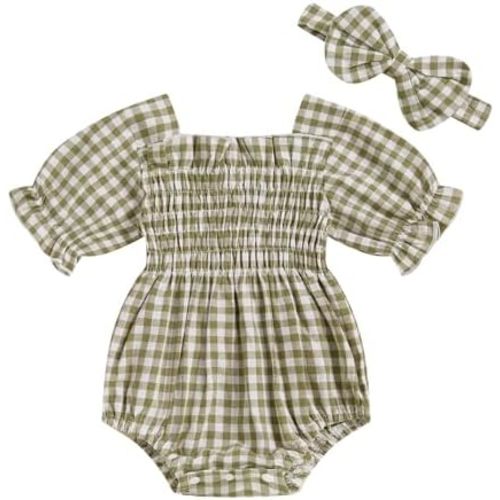 Infant Baby Girls Romper Ruffle Sleeve Pleated Smocked Bubble Plaid One Piece Ruched Jumpsuit Summer Bodysuit
