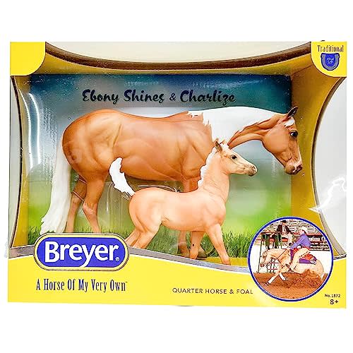 Breyer Horses Traditional Series Ebony Shines & Charlize | 2 Horse Set | Horse Toy Model | 11.5" x 9" | 1:9 Scale | Model #1872, Palomino