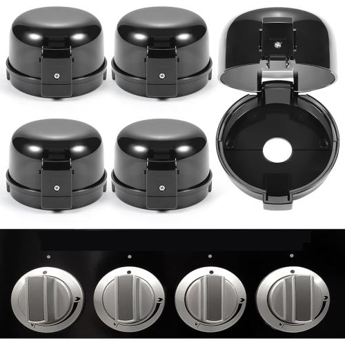 Stove Knob Safety Covers, Unlock with Adult Two-Finger, Dual-Key Press Gas Stove Knob Locks, Upgraded Oven Lock Knob Covers for Child Safety, Black Color, Pack of 5