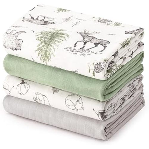 david's kids Muslin Swaddle Blankets, 4 Pack Organic Cotton Baby Blankets, Breathable Soft Receiving Blanket for Boys Girls, Newborn Essentials, Large 47 x 47 inches, Animal & Forest