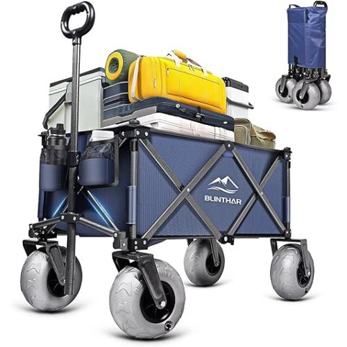 Beach Wagon with Big Wheels for Sand, Heavy Duty Collapsible Folding Wagon with All-Terrain 9" Pneumatic Tires & Drink Holders, Utility Wagon for Garden Sports Camping Outdoor Activities