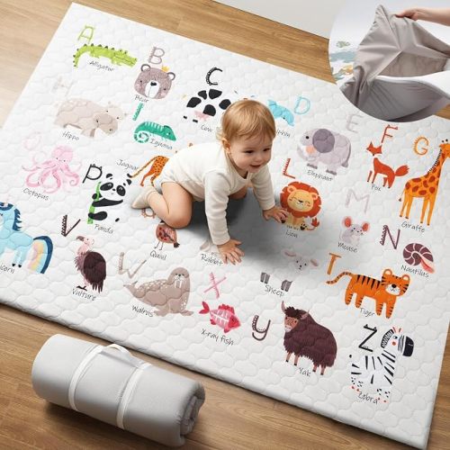 2-in-1 Baby Play Mat Indoor & Outdoor, 74x50in Thick Foam Playpen Mat with Waterproof Removable Cover, Non-Slip Soft Crawling Floor Mat for Infants, Toddlers, Travel, Picnic & Camping, Alphabet