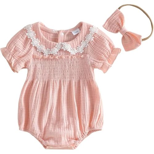 Summer Baby Girl Clothes Newborn Cotton Linen Romper Short Sleeve Infant Onesie Smocked Bodysuit Baby Outfits