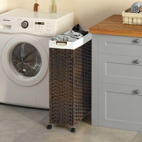 Greenstell Laundry Basket with Lid, Two Removable Inner Lining Bags, Two-compartment Garment Storage Basket, Brown