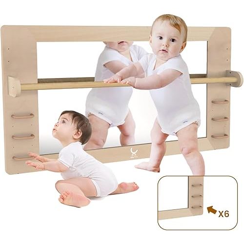 XIHAToy Coordination Mirror Montessori Wooden Toddler Mirror Safety Shatterproof Mirror Acrylic Non-Glass Early Learning to Walk Mirror with Handle, XH-MTM-2