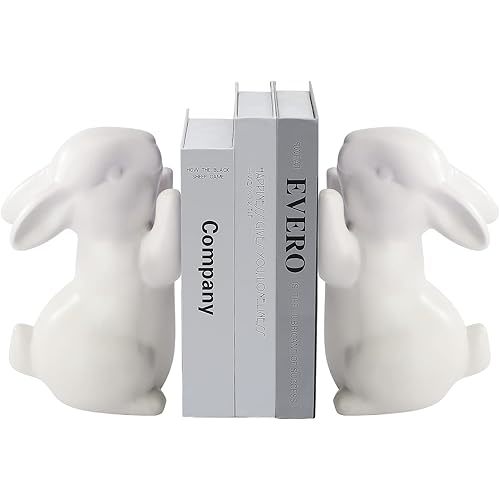 BestAlice 2 Pcs Rabbit Bookends, Bunny Book Ends for Shelves, Ceramic Animal Figurine Book Ends Stands Shelves Organizer, Heavy Duty Bookends to Hold Books, White Rabbit Home Decor