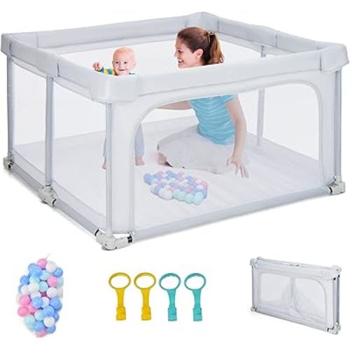 BABY JOY Foldable Baby Playpen, 124 x 124 x 70cm Playpen Activity Center w/50 Balls & 4 Pull Rings for Babies Toddlers, Kids Safety Play Yard Fence w/External Zipper, Indoor Outdoor Folding Playpen for Infants (Grey)