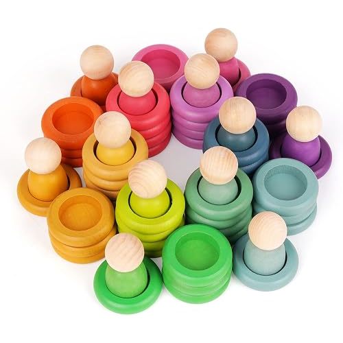 Montessori Toys Wooden Color Sorting Stacking Rings Toy Rainbow Wooden Peg Dolls Counting Toys Circular Building Blocks Stacking Game Preschool Learning Education Fine Motor Skill Toys for Toddlers