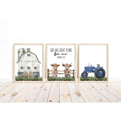 Farmhouse Nursery Decor Set: Highland Cow, Tractor, Bible Verse Prints