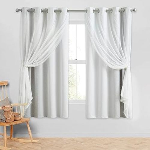 100% Blackout Curtains with Sheer Overlay Mix and Match Double Layer Drapes 63 Inch Length 2 Panels for Bedroom Living Room Grey White Ombre Grommet Window Treatment with Tiebacks
