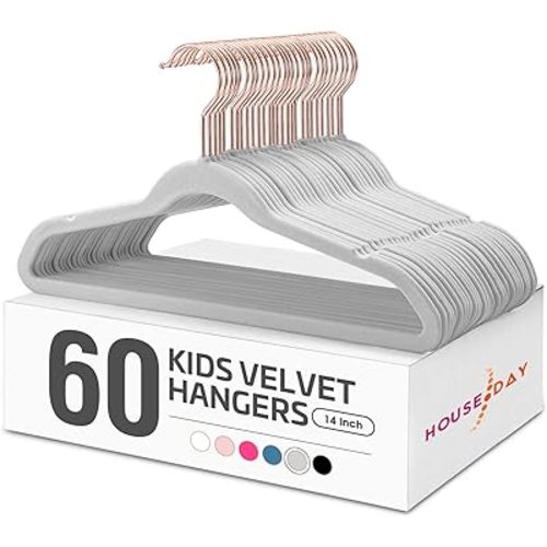 HOUSE DAY Velvet Kids Hangers 60 Pack, Premium Childrens Hangers for Closet, Ultra Thin Cute Hangers Kids Clothes Hanger, Non Slip Kids Felt Hangers 14 Inch, Small Hangers for Kids Clothes, Grey