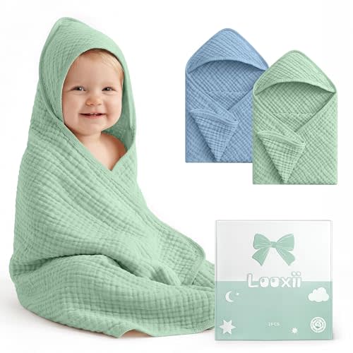 Looxii Baby Bath Towels 2 Pack Muslin Hooded Baby Towels for Newborn and Infants, 100% Cotton, Large 32x32Inch, Soft and Absorbent Blue+Green